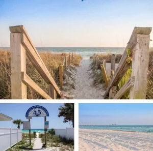 Three pictures: stairs leading through dunes to the water on a beach, a public beach sign archway with the number 45, and a sandy beach with ocean water