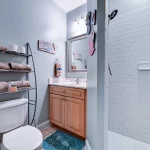 Bathroom with toilet, sink, shelf, and shower in view