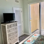 Guest bedroom with closet, tv, and balcony with glass doors