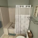 Higher angle of a tub/shower combo and toilet in a bathroom