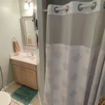 Shower curtain, sink, and toilet in a bathroom