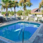 Hotel pool surrounded by beach chairs and palm trees