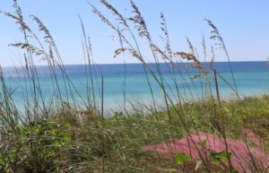 Dunes with water and clear sky in the background